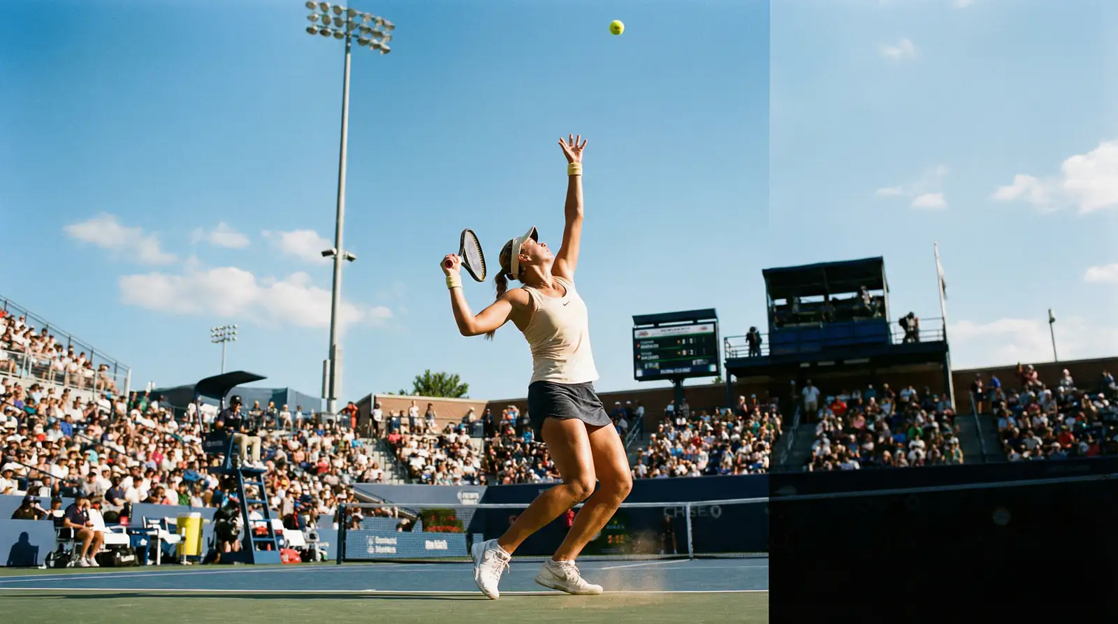 Tenista profesional ejecutando un saque potente generando un ace en un partido WTA