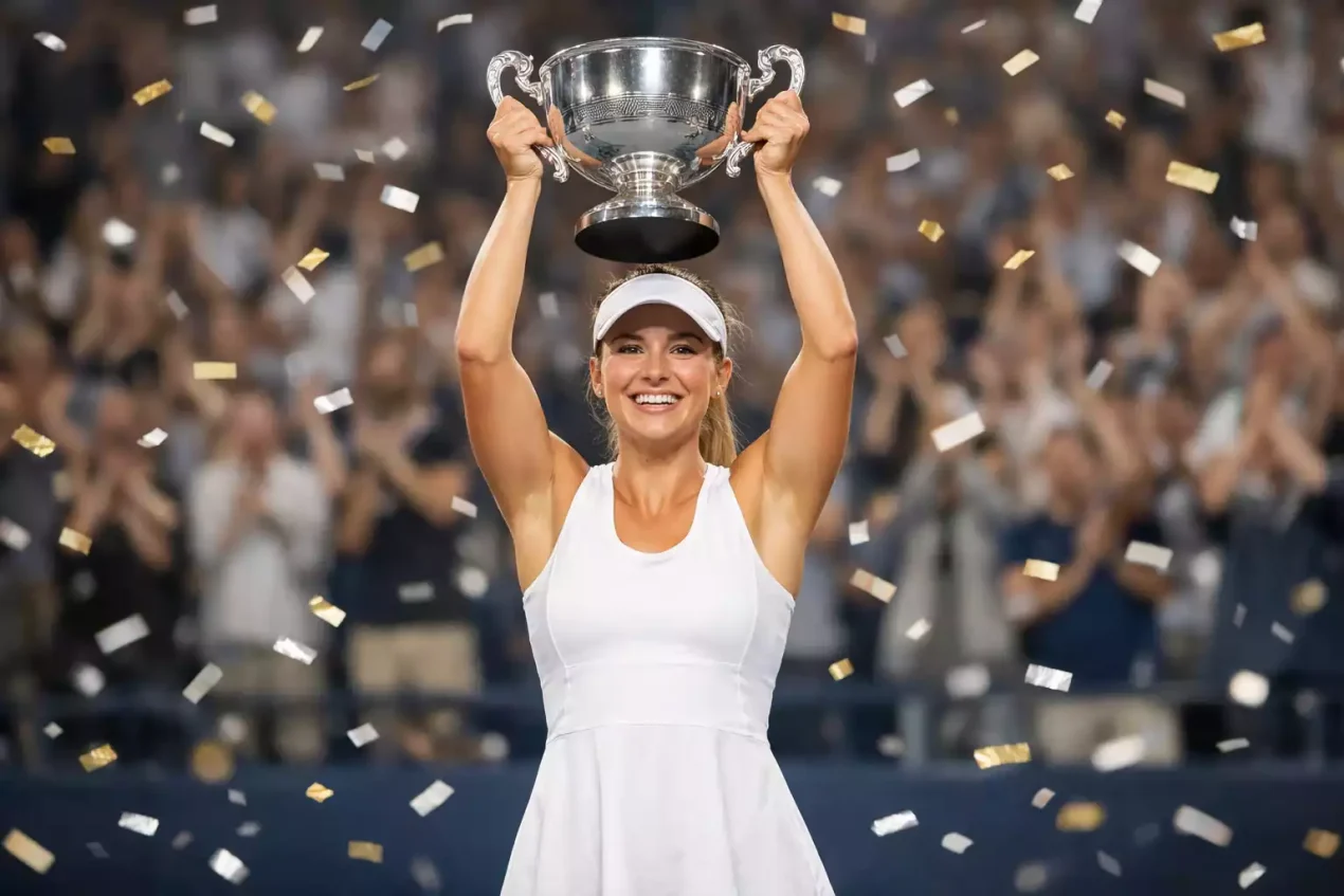 Tenista femenina levantando un trofeo tras ganar la final de un torneo WTA