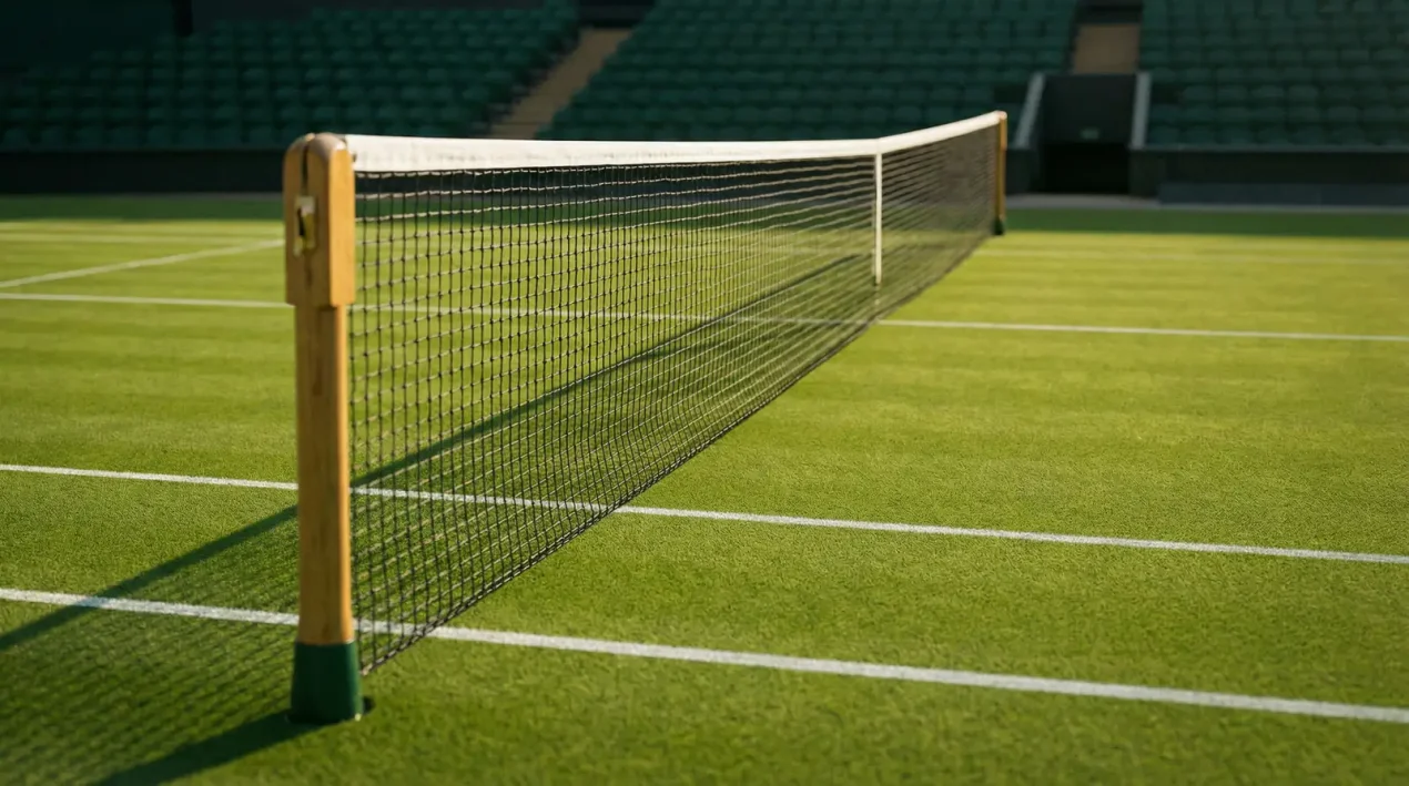 Pista de hierba de tenis preparada para un partido con red y líneas blancas bajo luz natural
