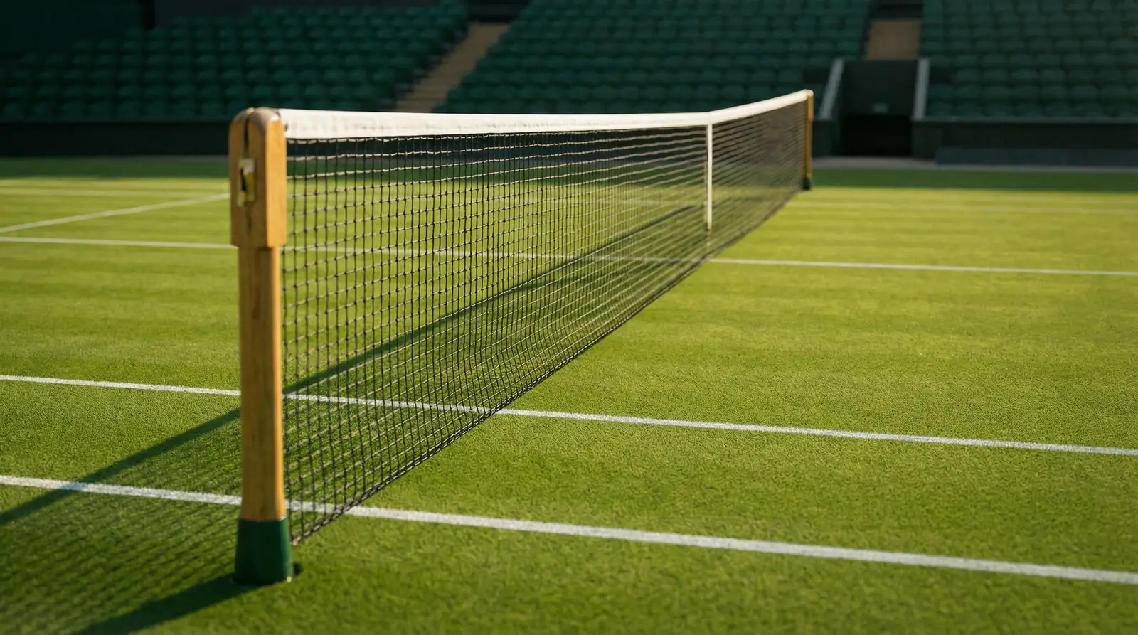 Pista de hierba de tenis preparada para un partido con red y líneas blancas bajo luz natural