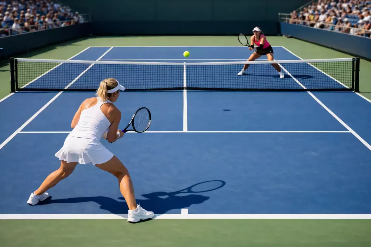 Dos tenistas profesionales intercambiando golpes en un rally largo sobre pista de tenis