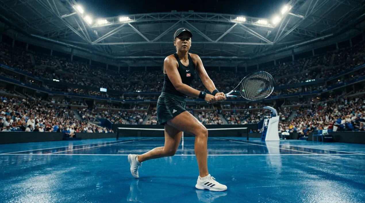 Tenista profesional compitiendo bajo las luces de un estadio de pista dura en un torneo WTA