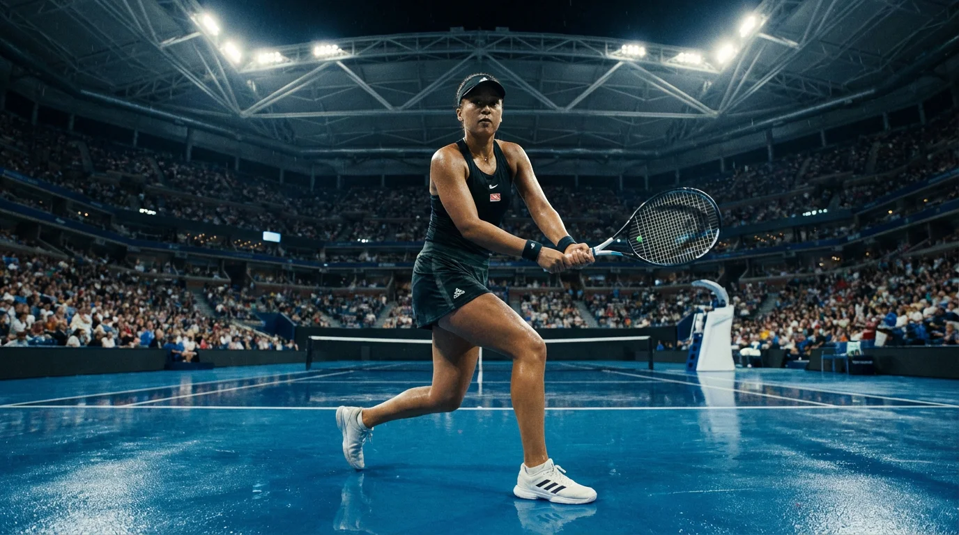 Tenista profesional compitiendo bajo las luces de un estadio de pista dura en un torneo WTA