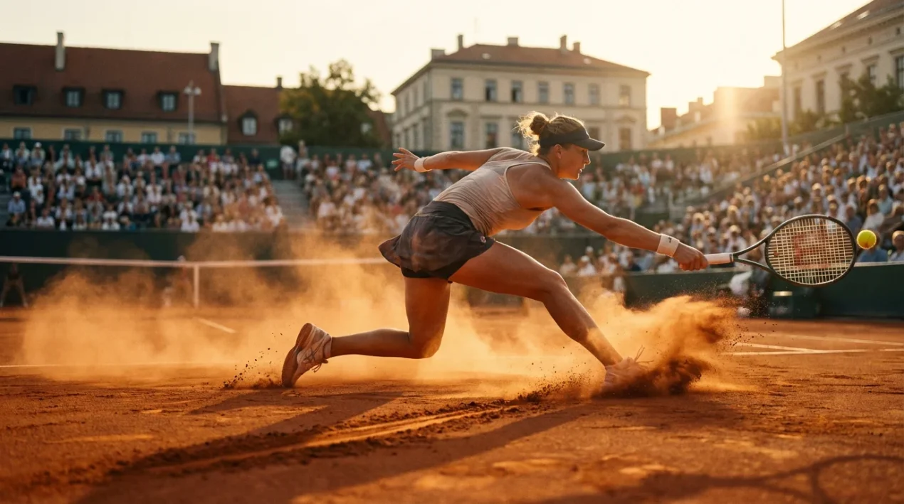 Tenista femenina deslizándose para alcanzar una bola sobre tierra batida en Roland Garros