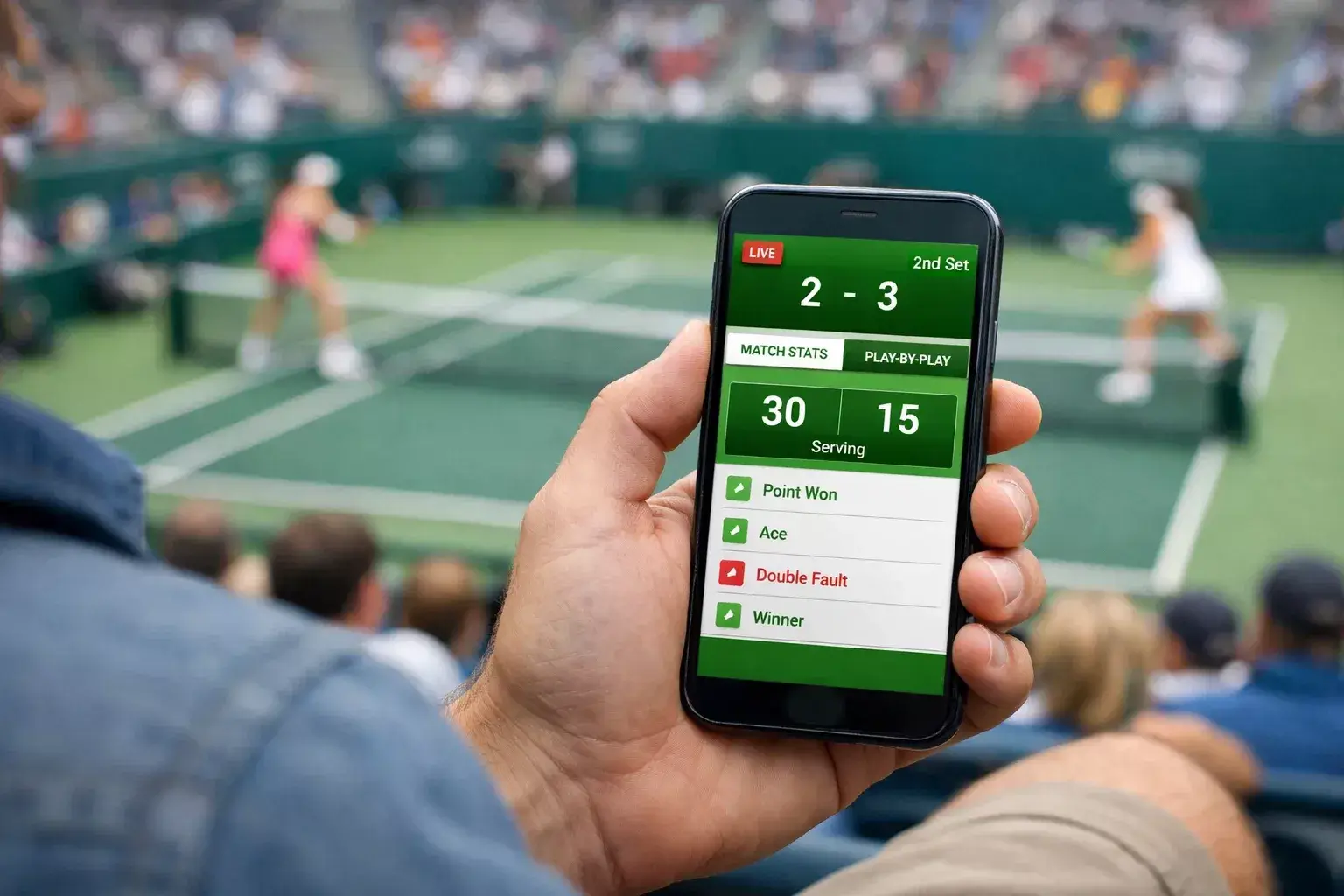 Aficionado siguiendo partido de tenis femenino en vivo desde smartphone en las gradas