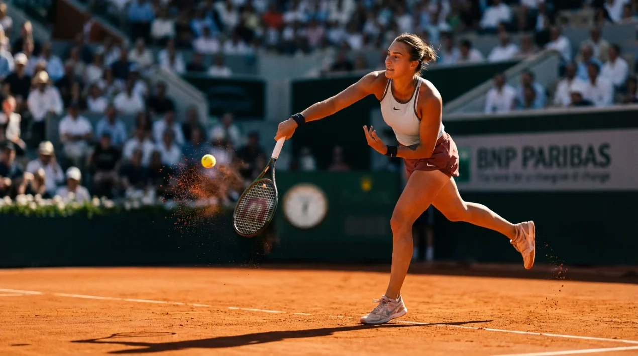 Tenista femenina profesional realizando un saque potente durante un partido en pista de arcilla