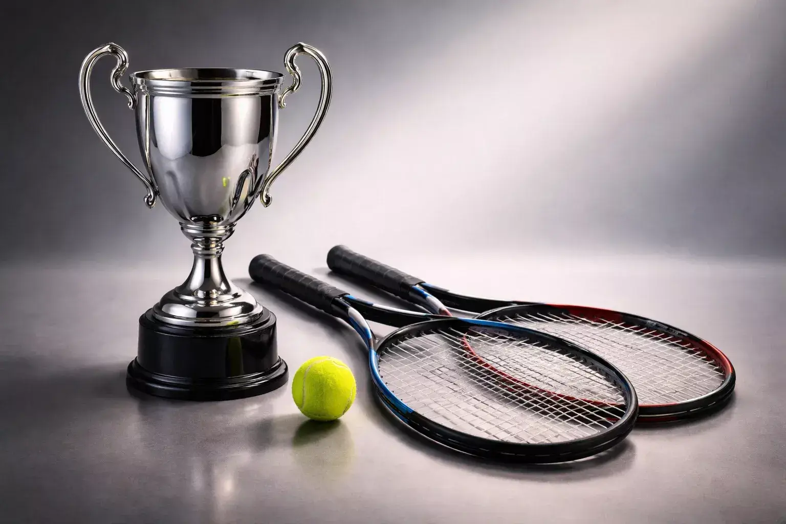 Trofeo de torneo WTA con raquetas de tenis profesional sobre superficie de pista