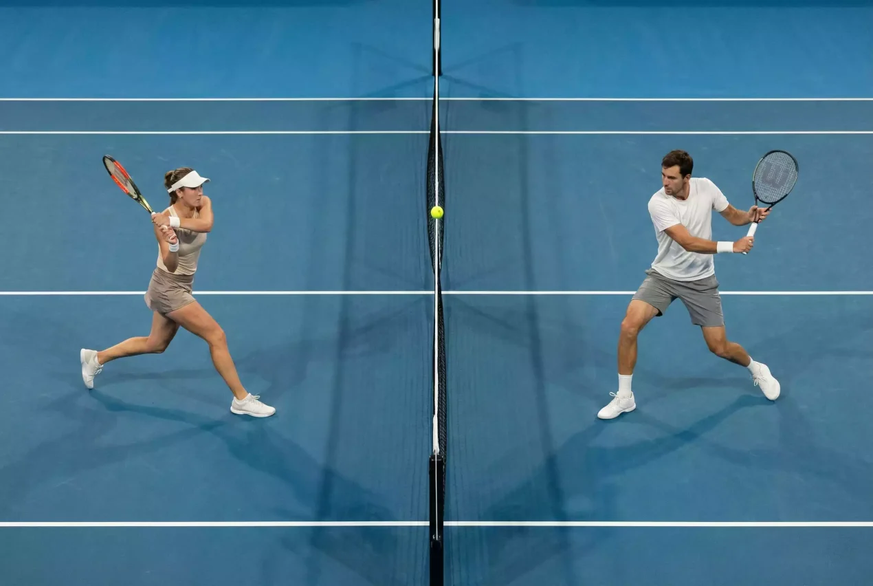 Vista panorámica de una pista de tenis dividida en dos mitades con un partido masculino y otro femenino