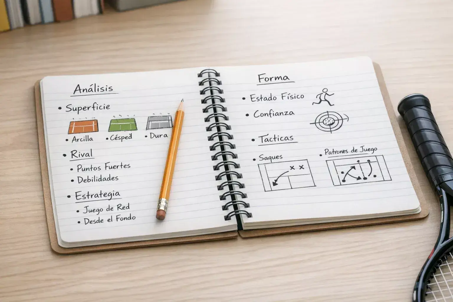 Cuaderno de notas con estrategias de apuestas deportivas junto a raqueta de tenis