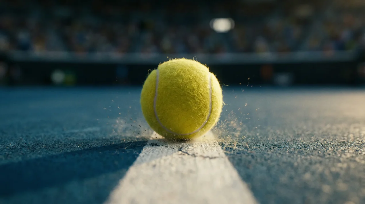 Primer plano de una pelota de tenis sobre la línea de una pista dura durante un punto decisivo