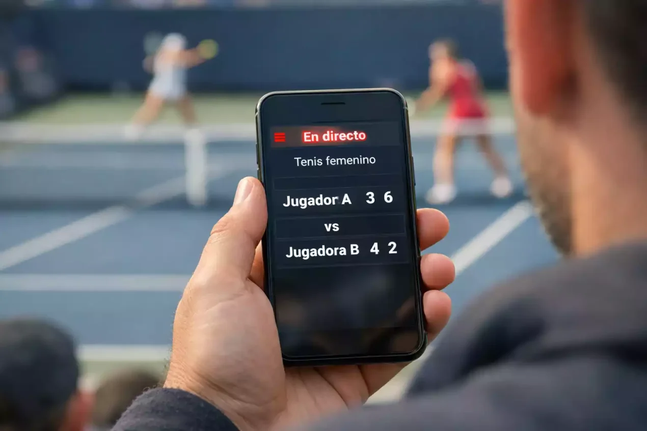 Aficionado siguiendo un partido de tenis femenino en directo desde las gradas con el móvil en la mano