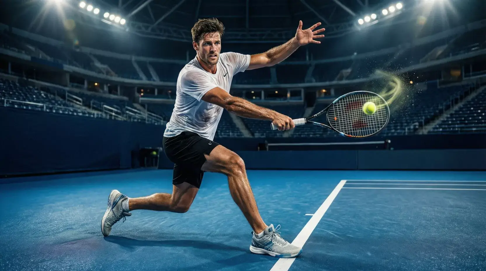 Tenista golpeando la pelota en pista dura azul