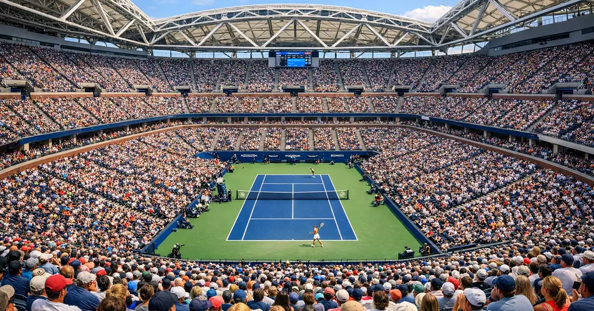 Estadio de tenis lleno durante un Grand Slam de tenis femenino