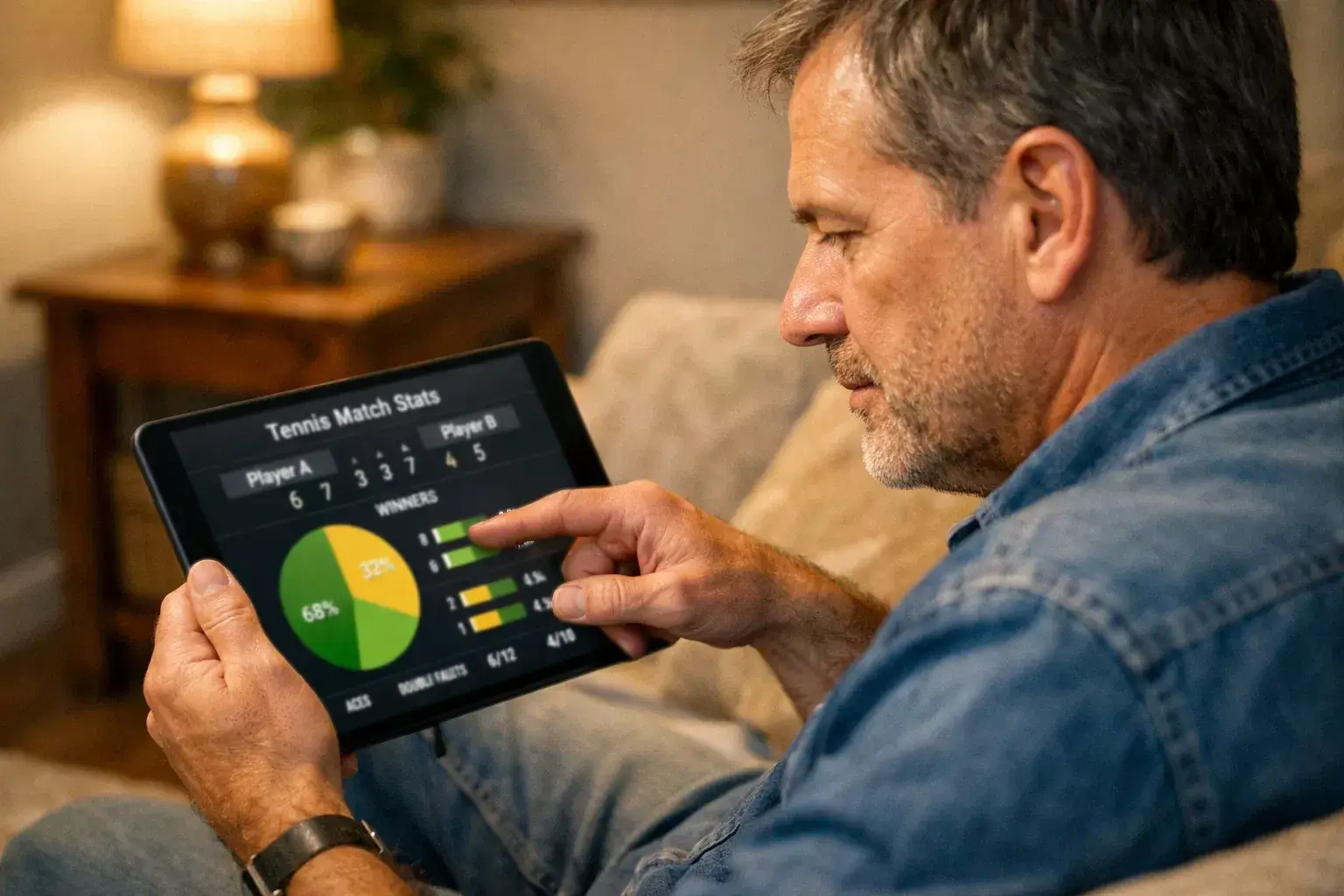 Persona analizando estadísticas de tenis en dispositivo móvil
