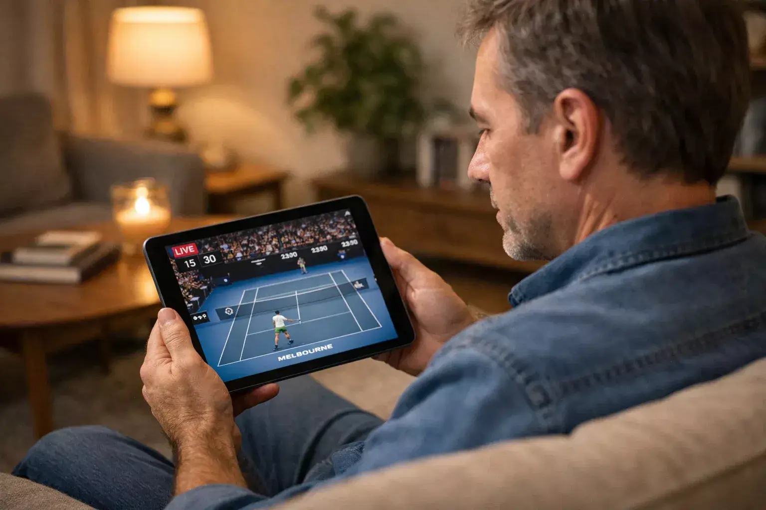 Persona siguiendo partido de tenis en vivo en tablet