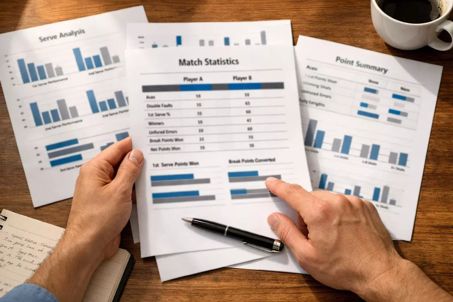 Persona analizando estadísticas de tenis en documentos con notas sobre partidos WTA