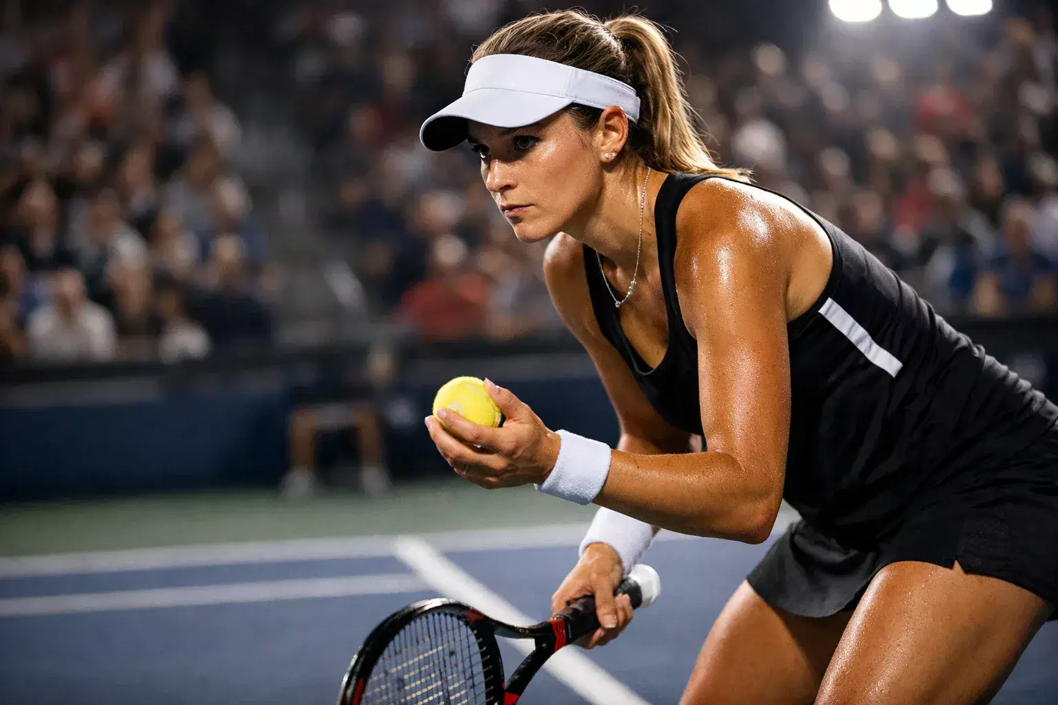 Tenista preparándose para servir en momento decisivo del set