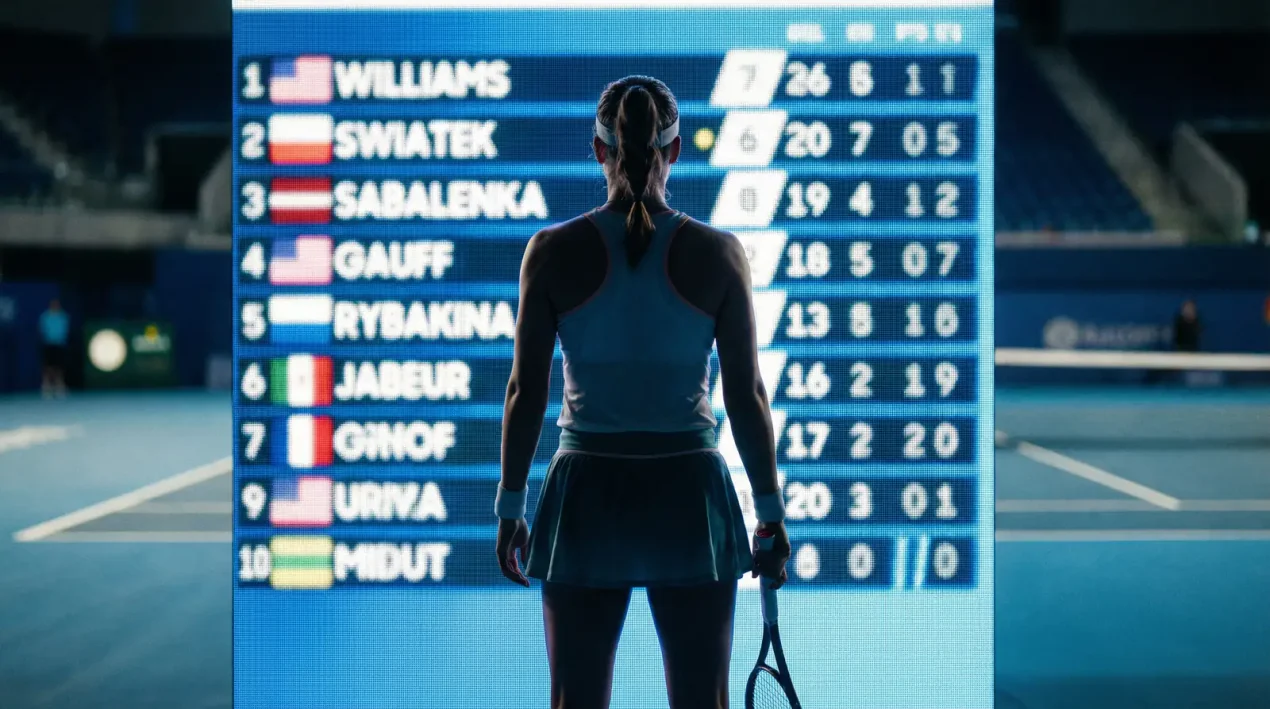 Pantalla de clasificación del ranking WTA con tenista profesional en pista dura