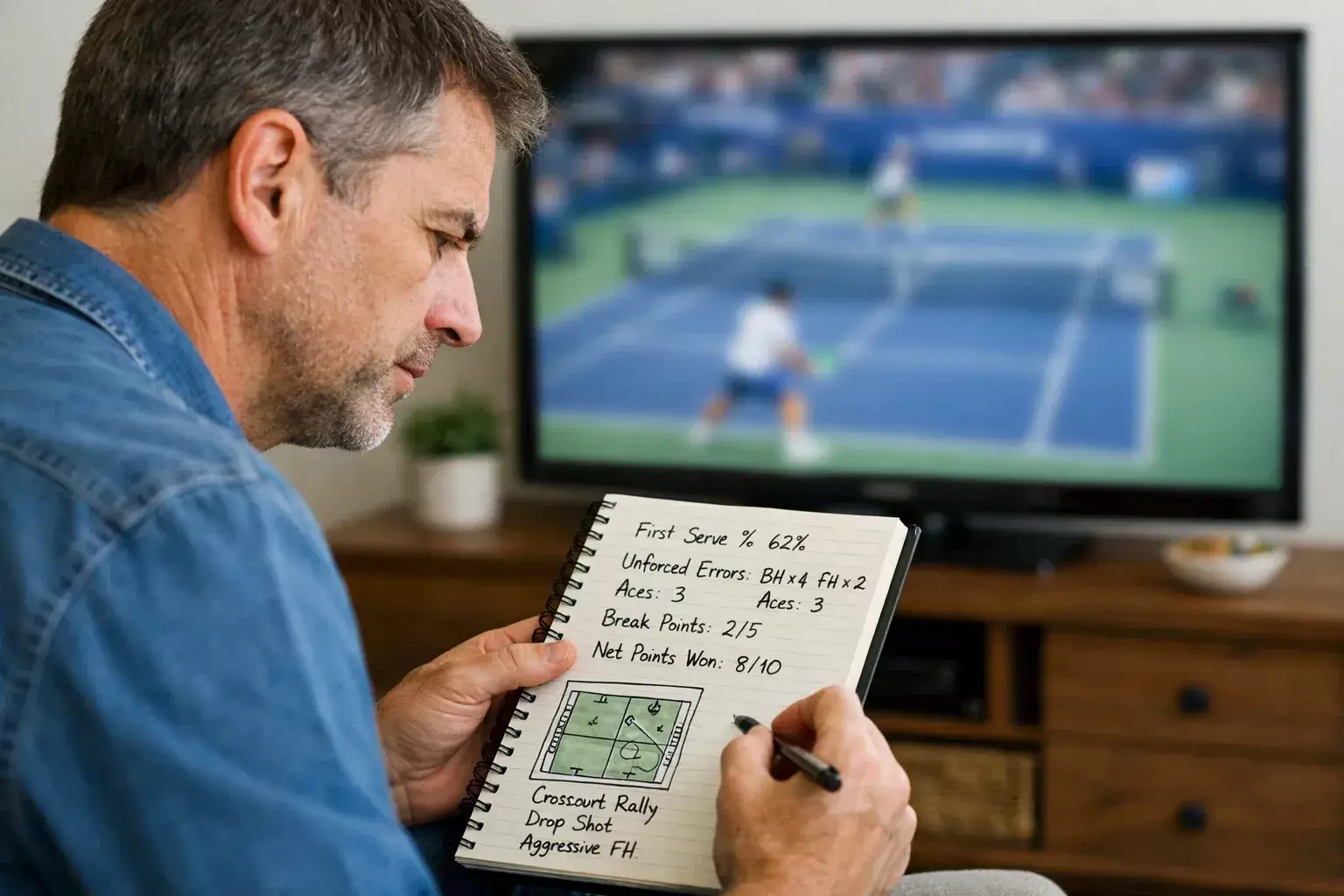 Persona tomando notas mientras analiza partido de tenis