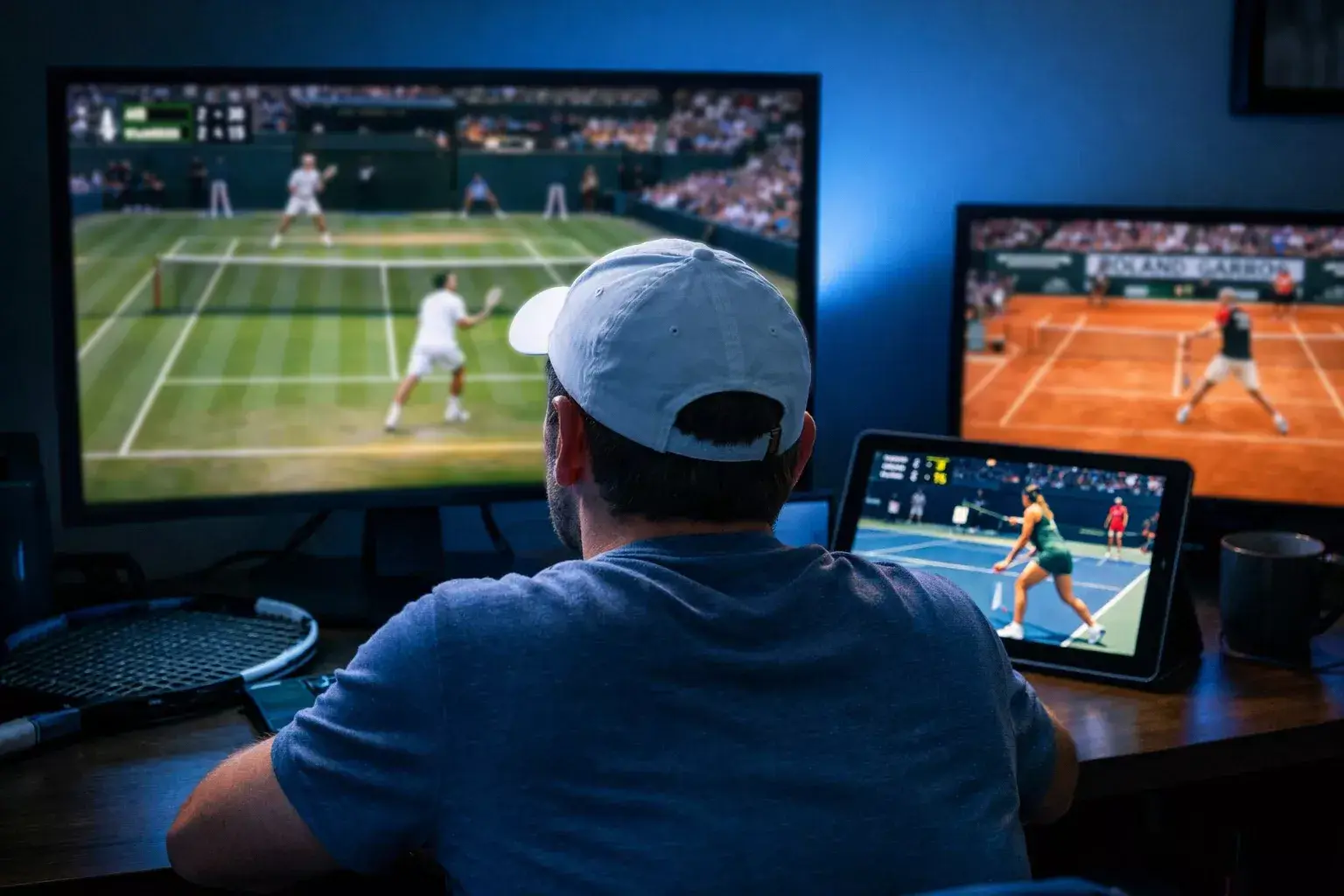 Aficionado viendo múltiples partidos de tenis en pantallas