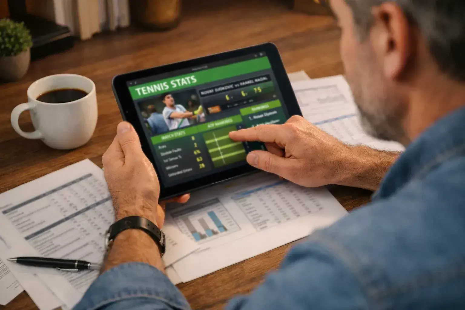 Persona estudiando estadísticas de tenis por tipo de pista