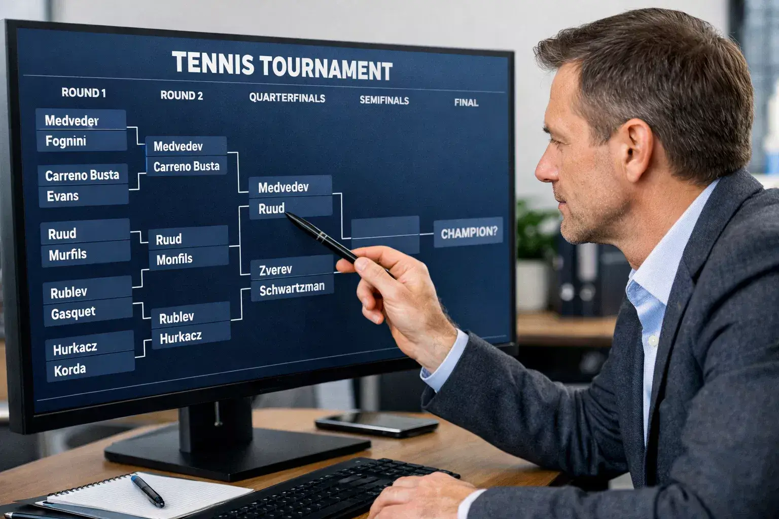 Analista revisando cuadro de torneo de tenis en pantalla