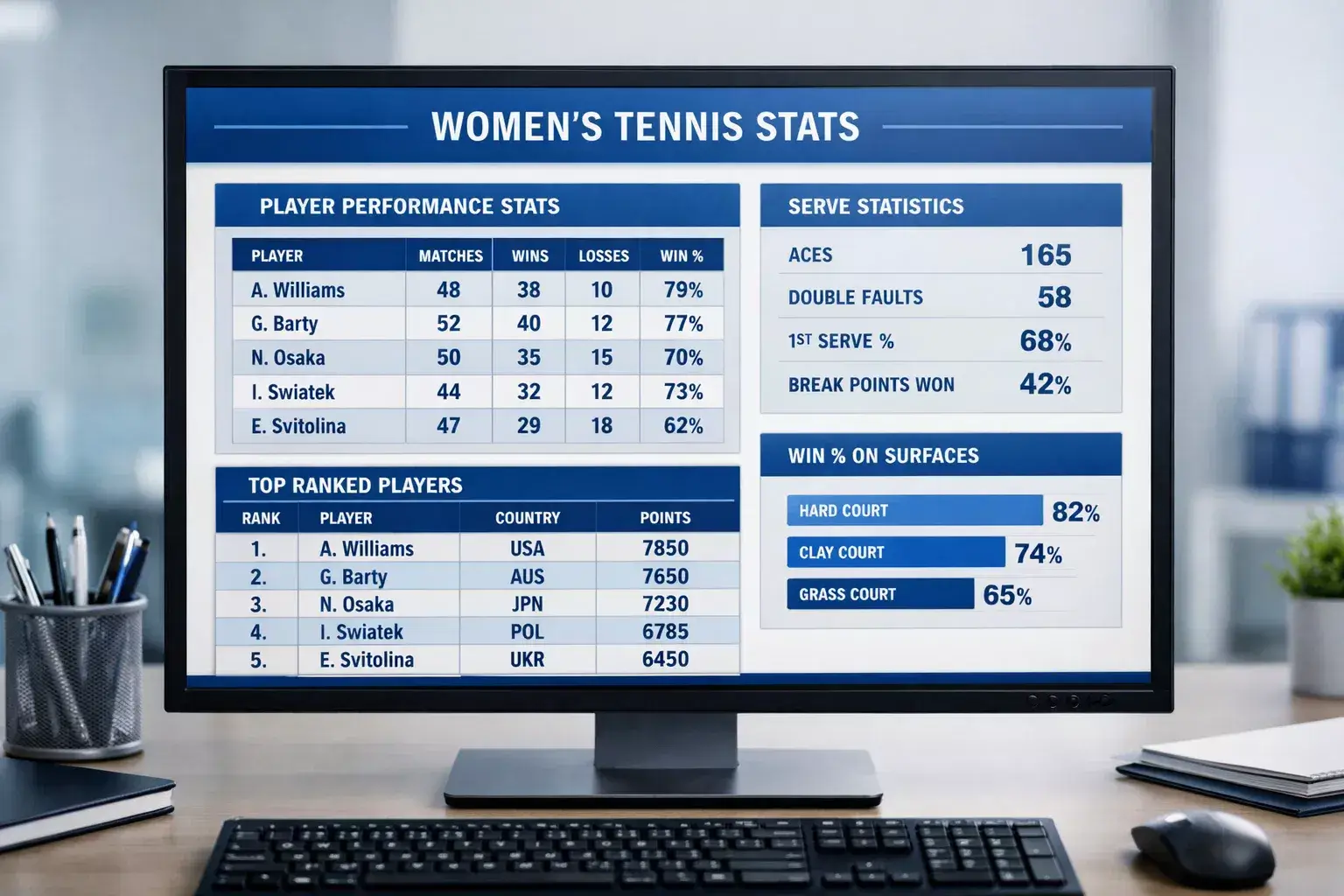 Pantalla de ordenador mostrando estadísticas de jugadoras de tenis