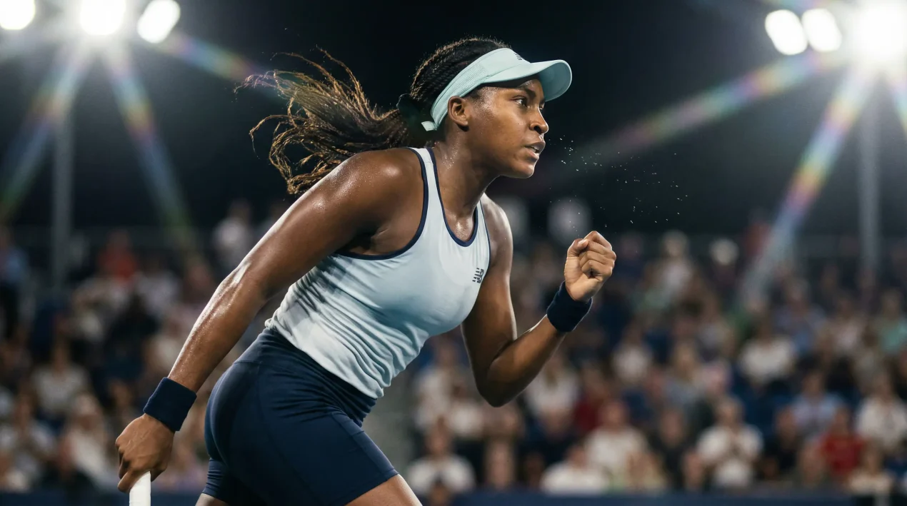 Tenista profesional femenina celebrando un punto ganado con el puño en alto en una pista de tenis