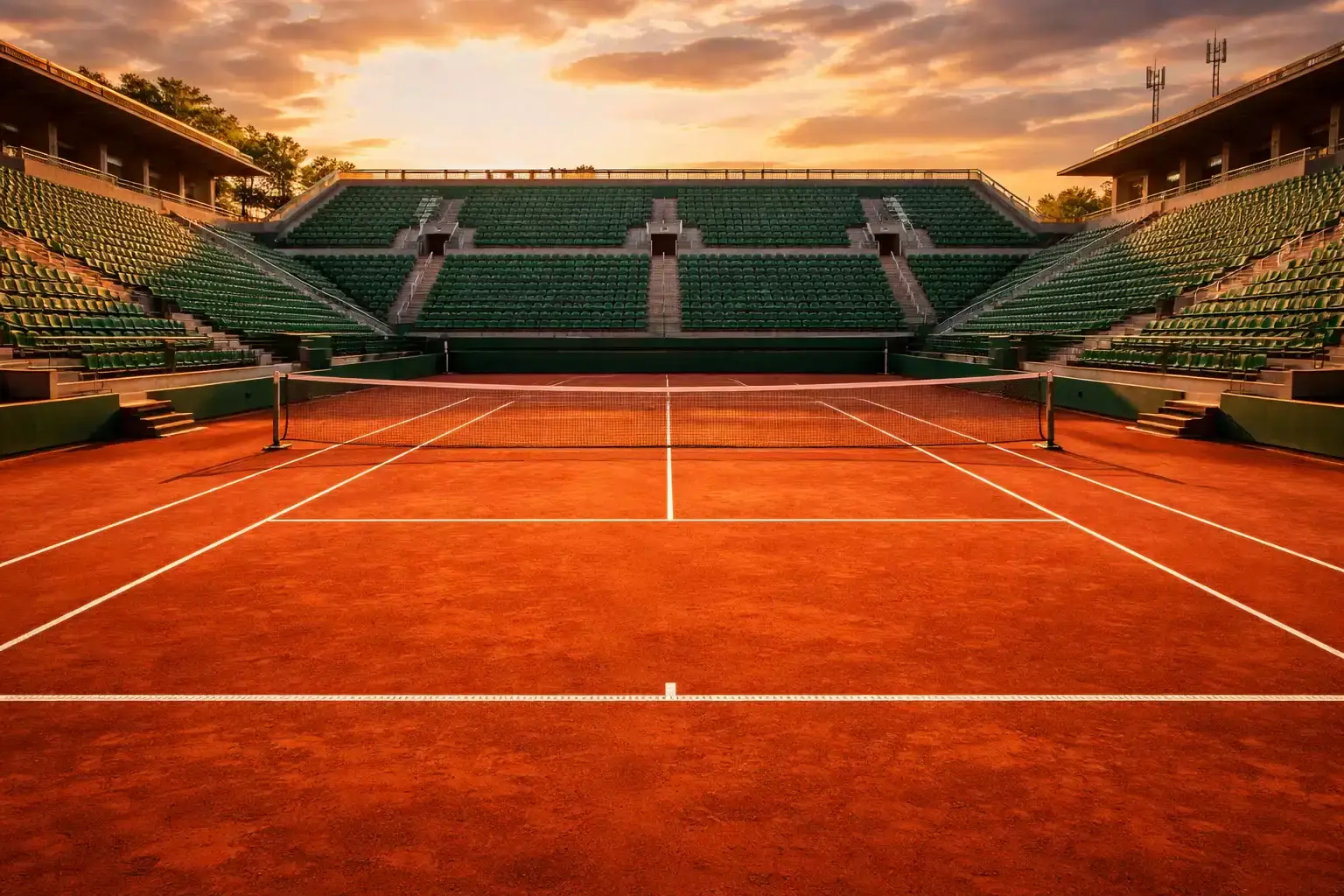 Pista de tierra batida de torneo profesional con líneas marcadas y red de tenis