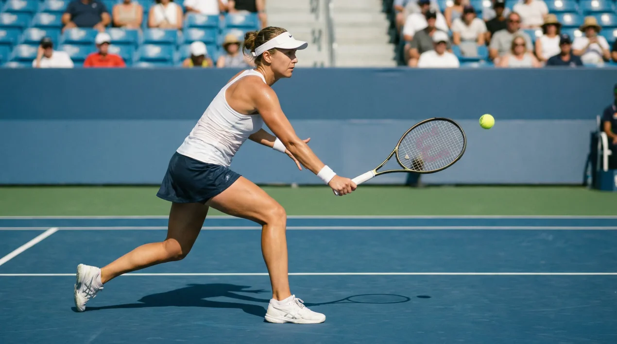Tenista experimentada devolviendo un golpe desde la línea de fondo con técnica depurada en pista dura