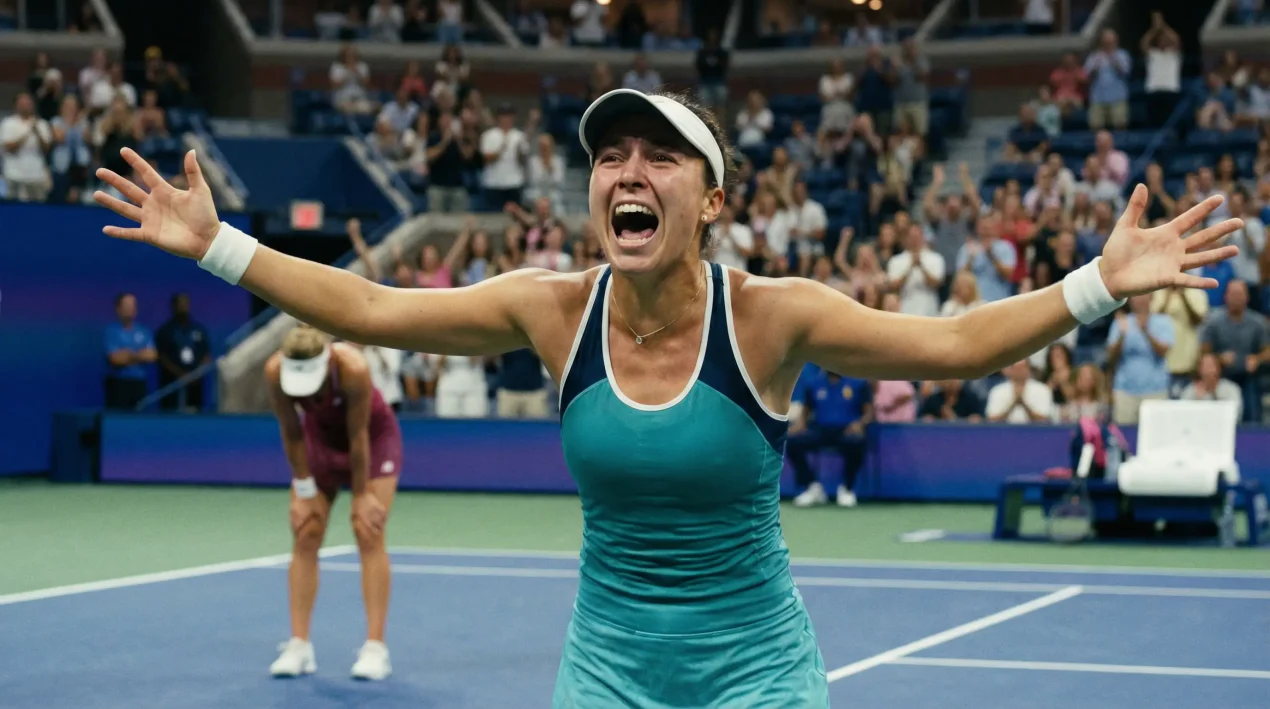 Momento de sorpresa en un partido de tenis femenino con la jugadora underdog celebrando la victoria