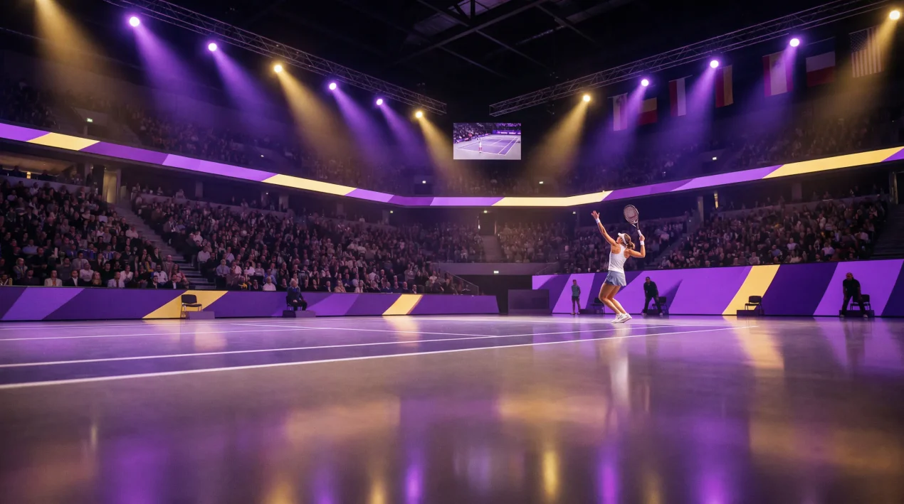 Pista de tenis interior iluminada durante las WTA Finals con jugadora de élite al servicio